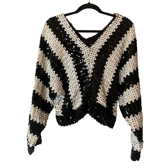 Vintage Sequined Black & White Striped Sweater V-Neck Medium - Picture 1 of 8